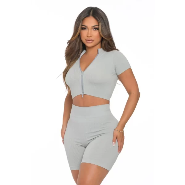 2 Pc Rib Seamless Split Zipper Crop and Highwaist Short Set