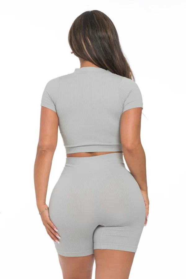 2 Pc Rib Seamless Split Zipper Crop and Highwaist Short Set