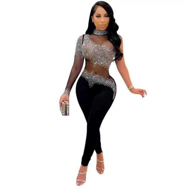 See Through Rhinestone Mesh Bodysuit