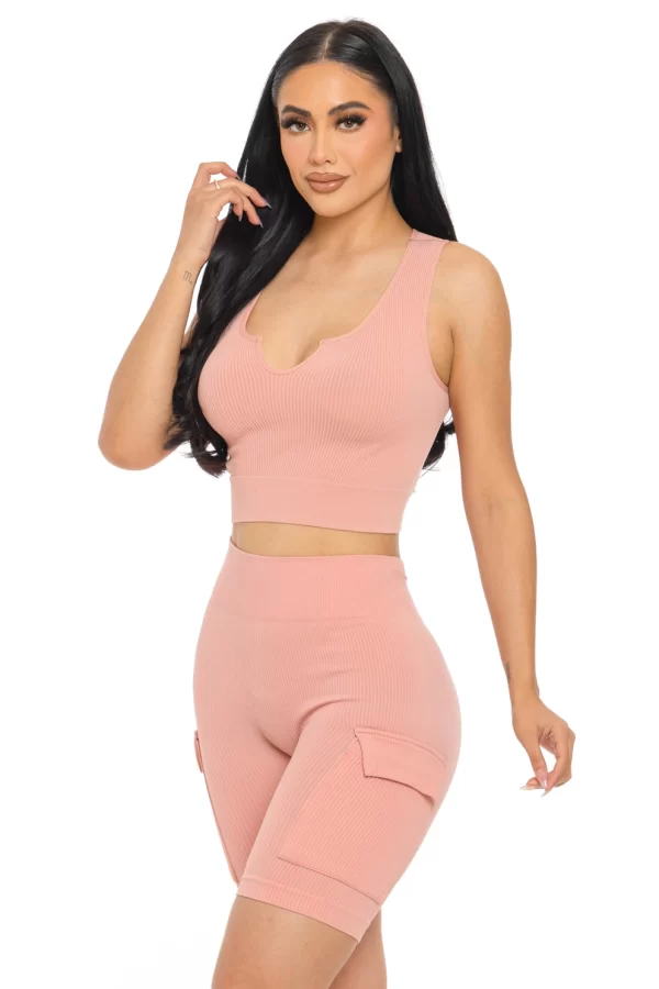 2 Pcs Muscle Tank Top and Highwaist Cargo Short Set
